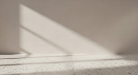 Modern minimalist interior background with a sunbeam and shadow pattern on a concrete wall, offering an aesthetic scene with Copyspace