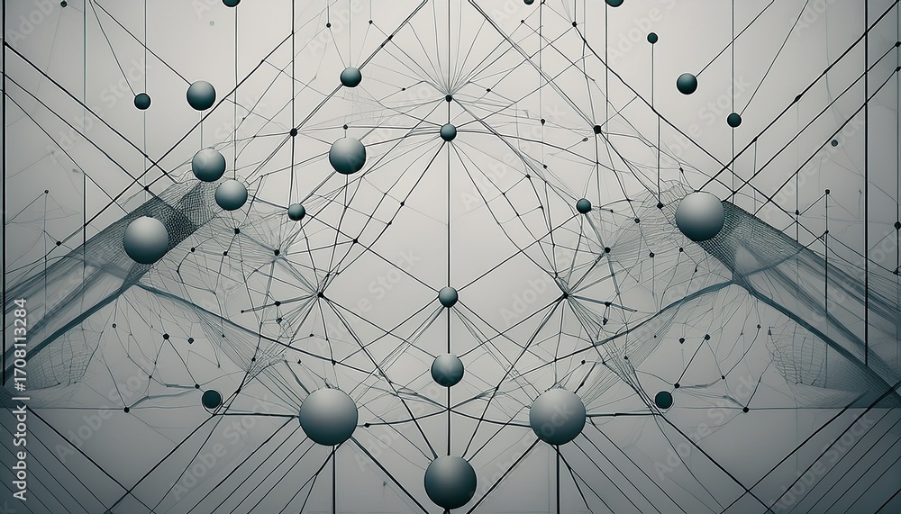 Wall mural a digital art image of a grey and white geometric pattern with connecting lines and small circles