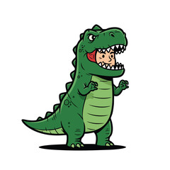 Cartoon Dinosaur with a Person in its Mouth Green Scales and Sharp Teeth.