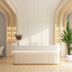 Minimalist reception area with display shelf and white wall, indoor plant and wooden floor. 3d rendering