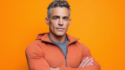 Fototapeta premium Confident portrait of fit middle aged man with gray hair wearing orange zip up jacket and gray shirt standing with arms crossed against bright orange background