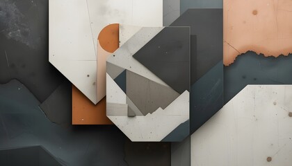 highly textural, abstract 3D composition featuring a balanced arrangement of geometric planes and irregular, organic forms. The palette is muted and earthy, dominated by shades of beige, warm gray, te