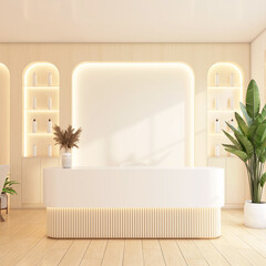 Minimalist reception area with display shelf and white wall, indoor plant and wooden floor. 3d rendering