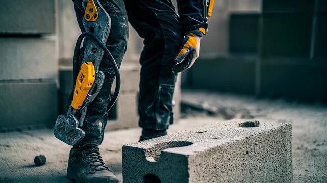 A builder wearing an exoskeleton moves a concrete block on a construction site for heavy lifting work, industrial safety innovation footage.