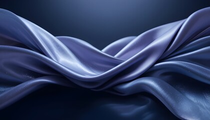 Fototapeta premium An abstract, horizontal photograph showcasing the smooth, undulating waves and folds of draped satin or silk fabric. The color is a rich, cool midnight blue or indigo, catching a subtle, ethereal ligh