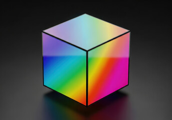 Geometric cube reflecting vibrant rainbow colors on dark background