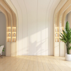 Minimalist empty area with display shelf and white wall, indoor plant and wooden floor. 3d rendering