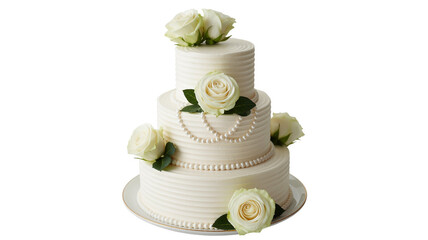Elegant three tier wedding cake decorated with white roses and pearl strands on white on transparent background