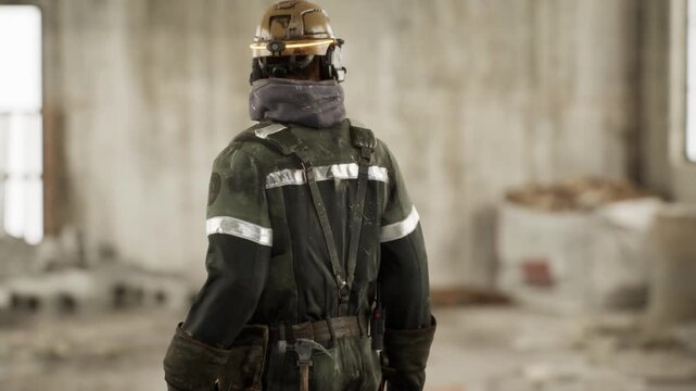 A worker stands in a construction site wearing safety gear and a hard hat, looking out over a partly finished area with scattered materials. Dust fills the air as work progresses.