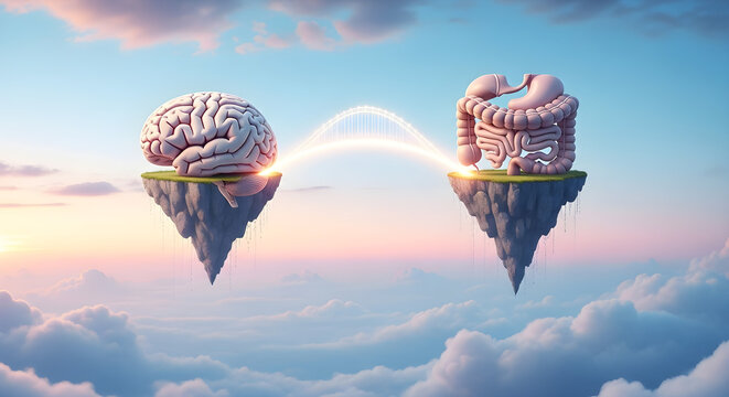 Floating islands with human brains connected to digestive organs in a surreal sky scene, illustrating the microbiome gut brain axis and the invisible connection between mind and body health
