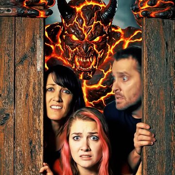 Terrified family peeking from doorway hiding from lava demon in scary horror scene footage