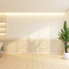 Minimalist empty area with display shelf and white wall, indoor plant and wooden floor. 3d rendering