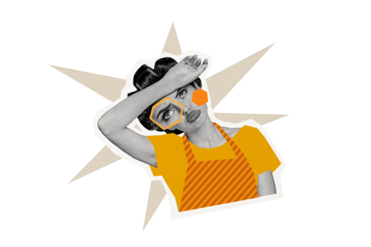 Composite trend artwork image photo collage of silhouette young lady pinup hairdo housewife exhausted face caricature piece confused