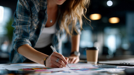 Marketing professional developing campaign strategy with documents and planning materials