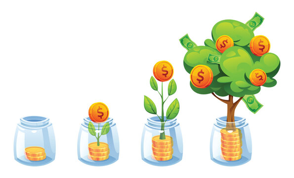 Growing money tree in glass jars symbolizing saving and financial growth over time. Investment concept design. Vector cartoon illustration