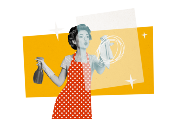 Composite photo collage of cute housemaid girl pouted lips hold clean spray duster household chores isolated on painted background