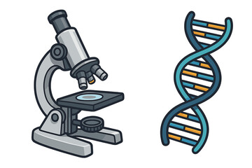 Microscope and DNA helix vector cartoon illustration. Concept for scientific exploration, genetics, molecular biology research. Laboratory equipment for genetic engineering.