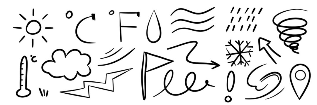 illustration: doodle weather icons set with cloud, sun, snow, wind, thunder, local, rain, wet, celcius isolated on white or transparent png