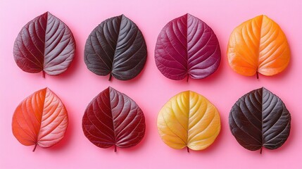 Vibrant fall leaves arranged on pink background