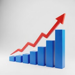 Obraz premium Red arrow graph showing upward trend and growth over blue bars isolated on white background