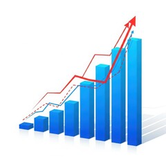 Bar chart with upward trend arrow showing business growth and financial success isolated on white background
