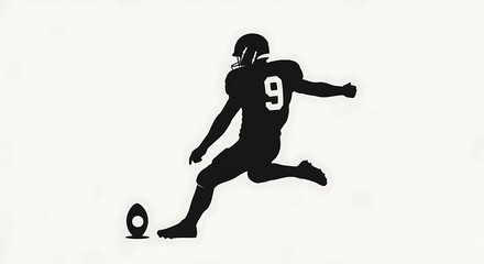 Black silhouette of an American football player, number 9, in the motion of kicking a football off a tee.