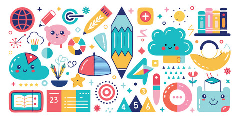 Colorful education and learning elements with globe pencil and cute icons for back to school designs cute style design