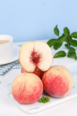 Fresh Ripe Peaches on Marble Board - Golden Red Summer Fruit Still Life