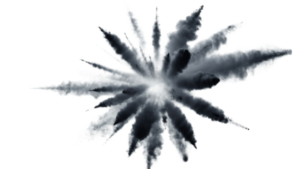 Dramatic explosion of black powder creates a dynamic burst against a black backdrop on transparent background