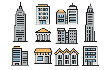 Set of building icons. Urban architecture variety in a minimalist line style. Vector cartoon illustration. Real estate symbols, city collection, skyscraper, office, bank, and house.