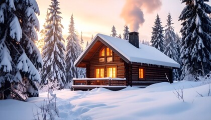 Fototapeta premium Winter Cabin Landscape – Cozy Forest Snow Scene