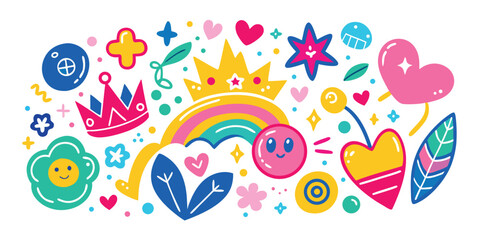 Colorful whimsical doodle illustration featuring crowns rainbows hearts and smiling faces perfect for childrens designs and playful creative projects
