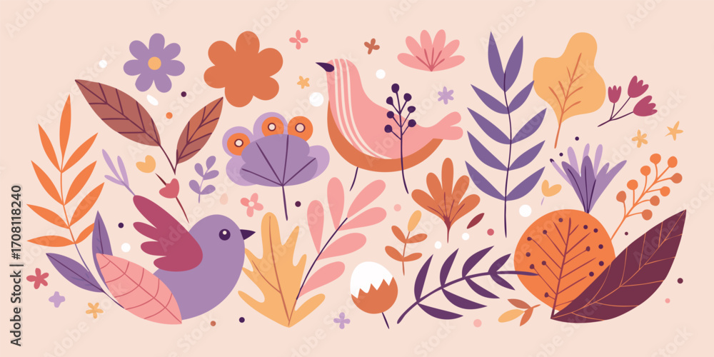 Poster elegant vector composition featuring colorful floral elements and bird illustrations creating a spri