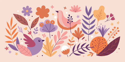 Elegant vector composition featuring colorful floral elements and bird illustrations creating a springtime mood in warm tones