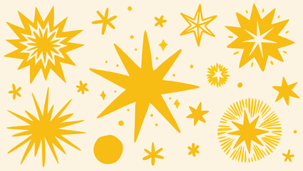 Festive golden starburst collection hand drawn yellow star shapes and simple celestial elements on cream background perfect for celebrations