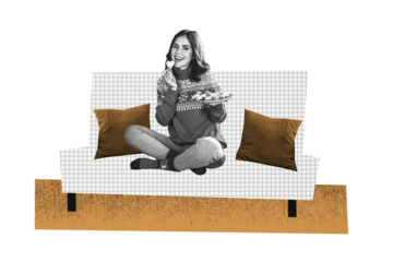 Composite creative art collage of happy girl hold plate cookie gingerbread xmas dessert home sofa isolated on painted background