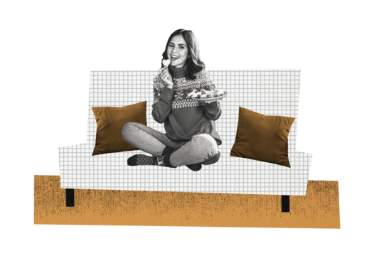 Composite creative art collage of happy girl hold plate cookie gingerbread xmas dessert home sofa isolated on painted background