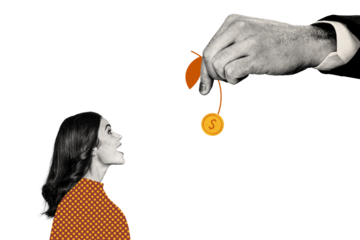 Composite photo collage of happy excited girl receive salary hand offer cherry dollar coin income rich isolated on painted background