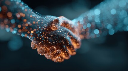 A digital handshake illustration, symbolizing partnerships and collaboration in a futuristic, tech-inspired design with glowing particles.