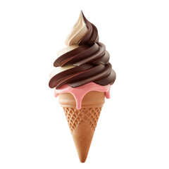 Delicious swirled chocolate and vanilla soft serve ice cream cone with strawberry drizzle