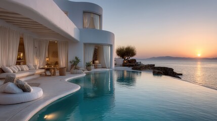 Coastal infinity pool overlooking the ocean at sunset.