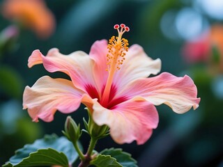 Fototapeta premium Close-up of a vibrant peach and pink hibiscus flower, showcasing delicate petals and a central stamen.
