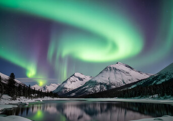 Beautiful night scenery of a snowy mountain peak reflected in a calm lake under a cloudy sky