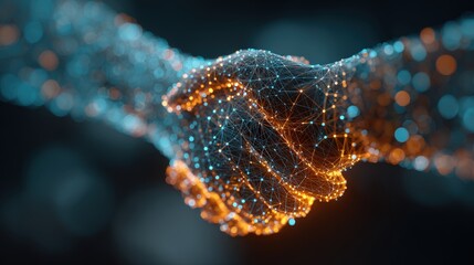 A digital handshake visualizing connection and collaboration through a network of glowing particles, symbolizing technology and unity.