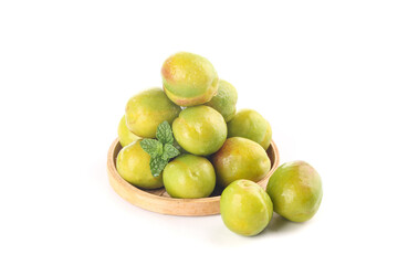 Fresh Green Plums in Wooden Bowl with Mint - Xinjiang Market Fruit Display on White Background