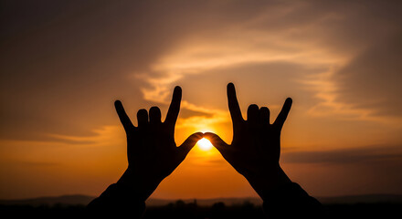 Fototapeta premium Silhouette of two hands making the I love you sign gesture against a breathtaking golden sunset, with the sun perfectly framed between the fingers creating a heart shape