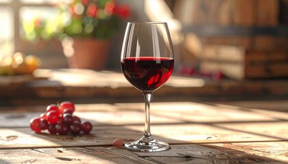 A Glass of Red Wine on Wooden Table
