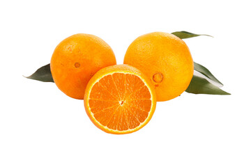 Fresh Orange Citrus Fruits with Green Leaves and Sliced Half on White Background