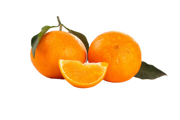 Fresh Ehime Oranges with Leaves and Slice on White Background