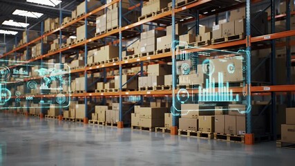 Warehouse Interior with Cardboard Boxes on Metal Shelves and Holographic Data Interface Overlays - Powered by Adobe